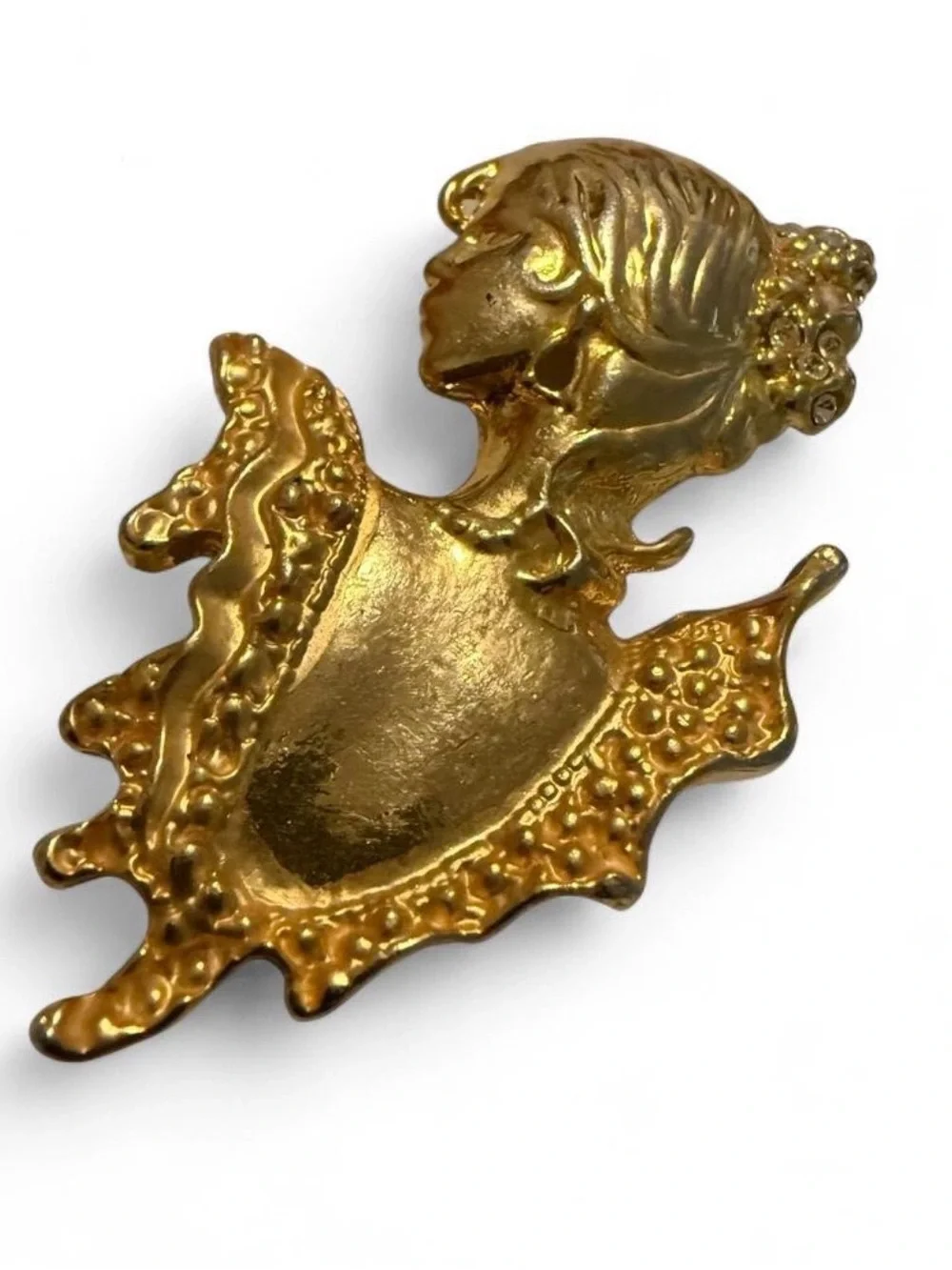 Vtg Gold Tone Victorian Lady Profile Brooch Rhinestone Costume Cameo Pin 80s